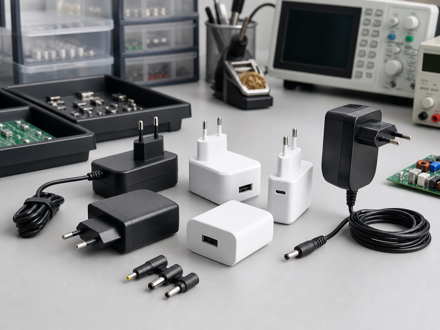 Switching power adapters arranged on an electronics workbench