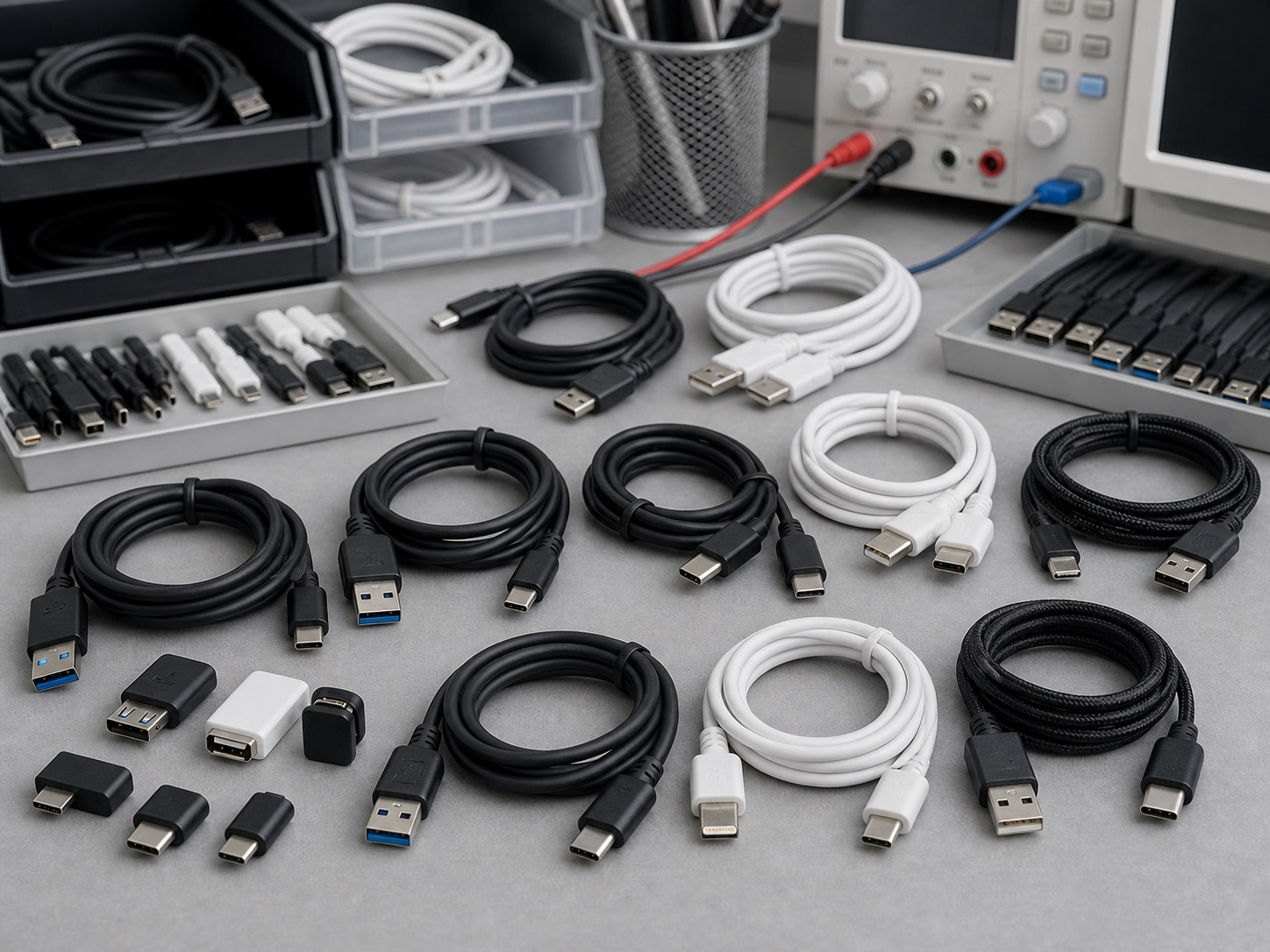 USB cables coiled beside small electronic components