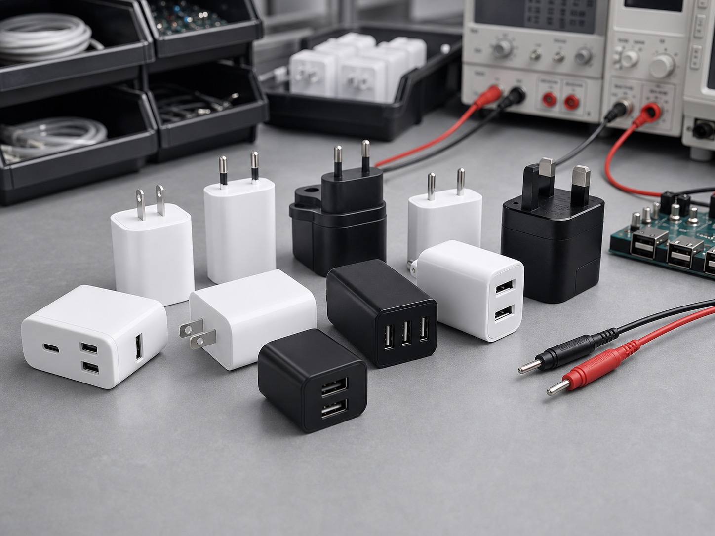 USB wall chargers and charging ports on a clean production surface
